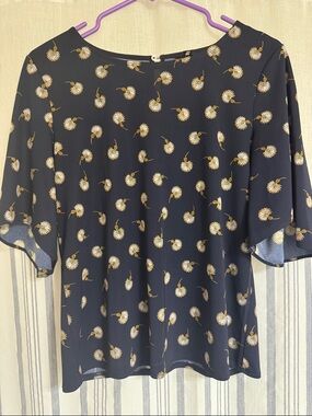 Ann Taylor Navy Dandelion Blouse with Gold & White Floral Print